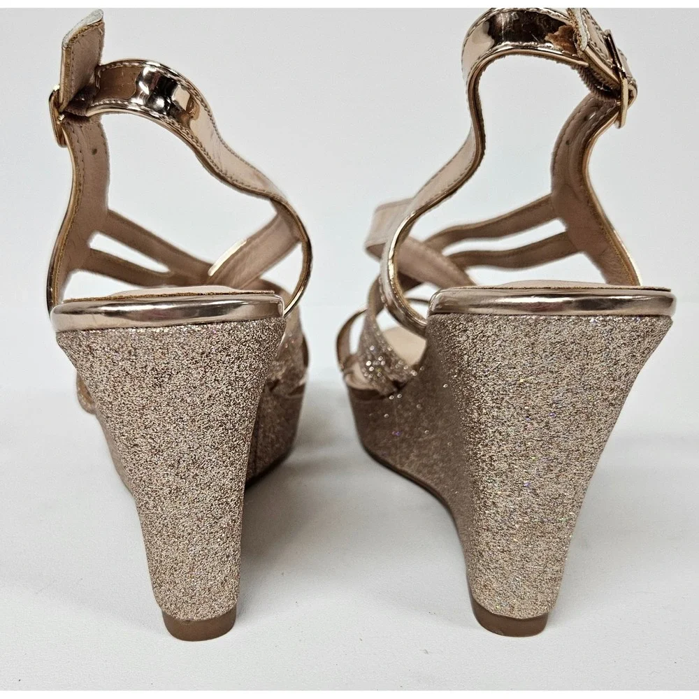 Forever Rose Gold Glitter Wedge Sandals Strappy Metallic Platform Heels 7.5